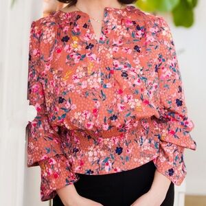 Ann Taylor • Floral Smocked Waist Blouse